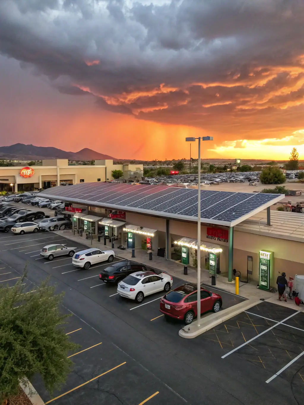 A commercial building with solar panels and an electric vehicle charging station, emphasizing the long-term energy independence and savings.