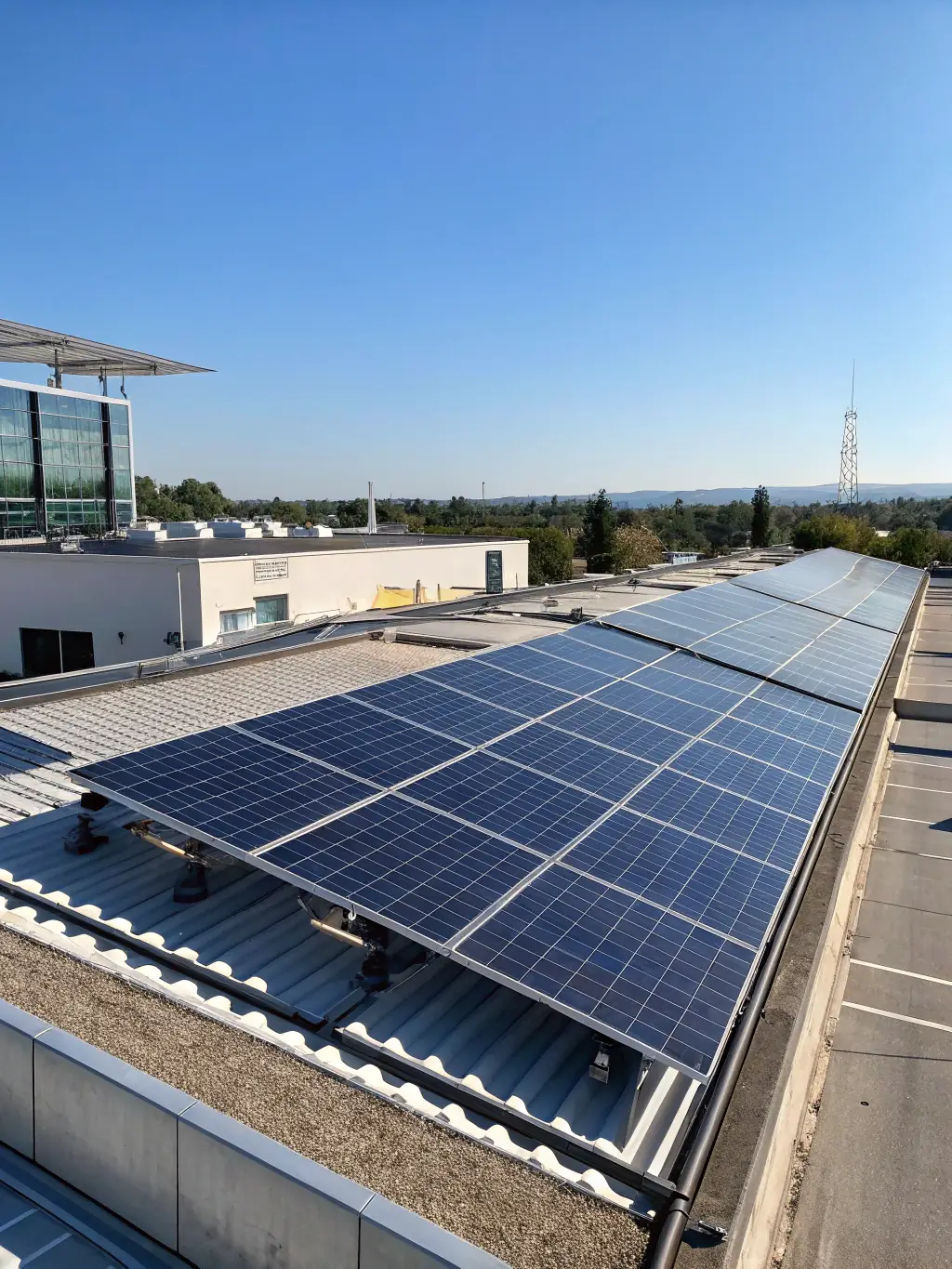 A commercial building with solar panels on the roof, showcasing significant cost savings through reduced energy bills, with a focus on financial benefits for businesses.