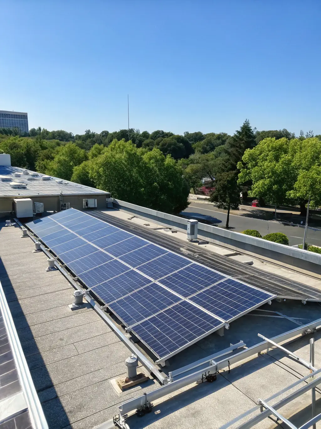 A solar panel installation on a commercial building, emphasizing the positive environmental impact and sustainability benefits for businesses.